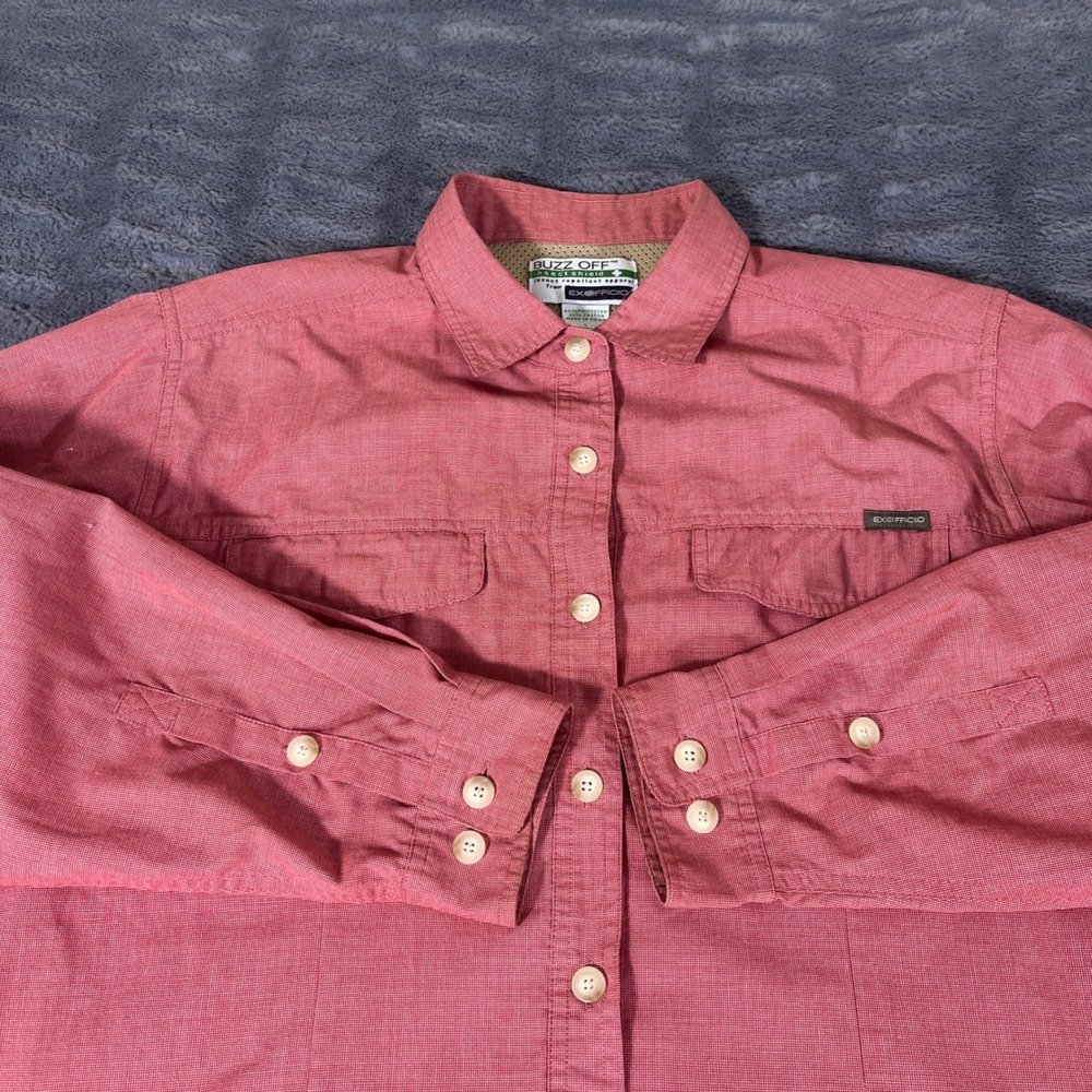 ExOfficio Buzz Off Insect Shield Women L Poppy Red Hiking Shirt E485-POPPY